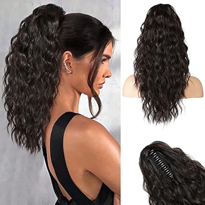 REECHO 18 Inch Claw Multi Layered Clip on Ponytail Extension for Women - Long Curly Wavy Hair Extensions, Natural Fluffy Synthetic Clip in Hairpiece for Daily Use - Black Brown - Image 1